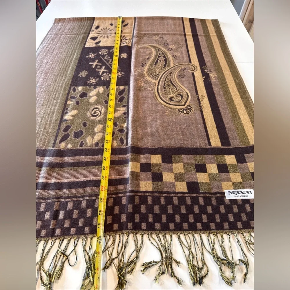 Pashmina Scarf Wrap Shawl Throw Brown Paisley Checkerboard Stripe Fringe 28